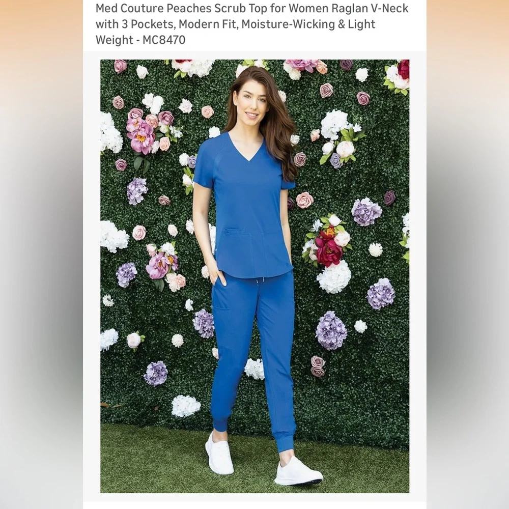 Med Couture Peaches Royal Blue Scrub Top and Pants Set - Picture 1 of 14
